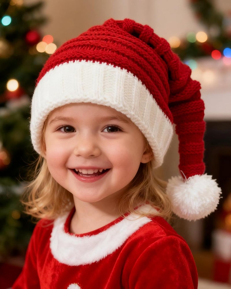 Asikkon Baby Christmas Knit Santa Hat Kids Knitted Beanie Hat for Infant Toddle 0 to 5 Years Old Red - Image 3